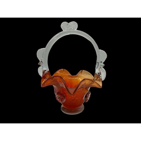 Vintage Hungarian Art Glass Burnt Orange And Clear 10 Inch Basket Collectible - Picture 2 of 16